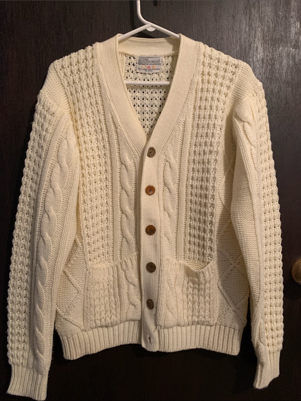 Sears Off-White Aran Cable Knit Men's Cardigan with Wooden Buttons